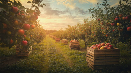 An apple orchard with crates ready for packing, no people, and copy spaceの素材