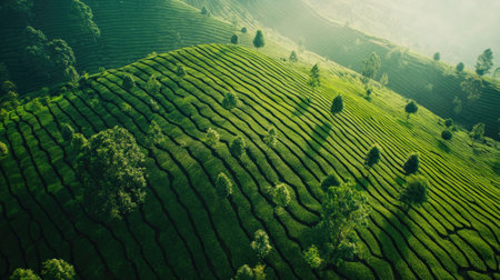 Aerial view of a sprawling tea plantation, no people, and ample space for textの素材