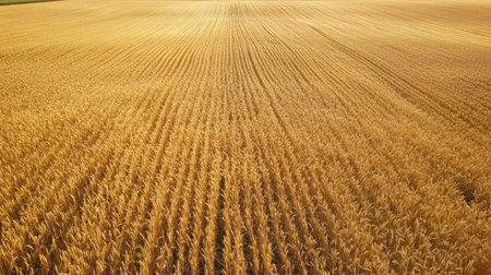 Aerial view of a large wheat field during harvest, no people, and space for textの素材