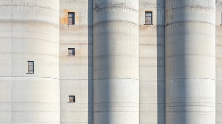 Close-up of grain silos at a processing plant with ample copy space and no peopleの素材