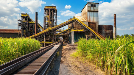 A sugarcane processing facility with conveyor belts, no people, copy spaceの素材