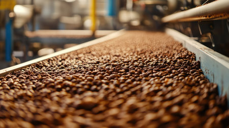 Automated processing of coffee beans in a factory, no people, and copy spaceの素材
