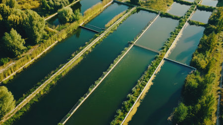 Aerial view of a fish farm with water channels, no people, and ample copy spaceの素材