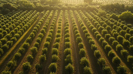 Aerial view of an olive farm with rows of trees, no people, and copy space availableの素材