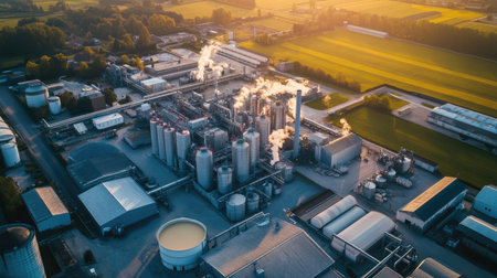 Aerial view of a large dairy processing plant, no people, and copy spaceの素材