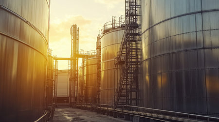Agricultural processing plant with large steel tanks, no people, and copy spaceの素材