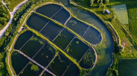 Aerial view of a fish farm with water channels, no people, and ample copy spaceの素材