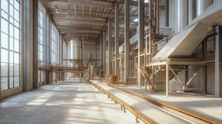A rice milling plant with conveyor belts, no people, and ample room for textの素材