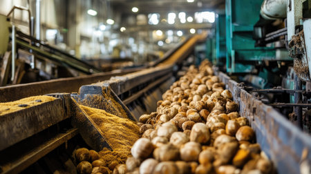 Industrial processing of sugar beets in a large plant, no people, copy spaceの素材