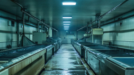 Inside a vegetable processing plant, industrial equipment, no people, copy spaceの素材