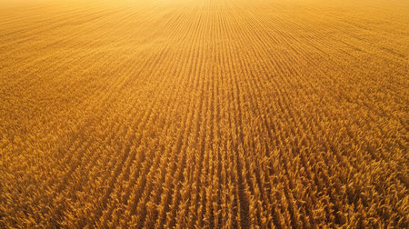 Aerial view of a large wheat field during harvest, no people, and space for textの素材