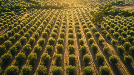 Aerial view of an olive farm with rows of trees, no people, and copy space availableの素材