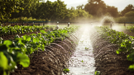 An irrigation system watering rows of crops in a farm, no people, and copy spaceの素材