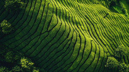 Aerial view of a large tea plantation during harvest, no people, and copy spaceの素材