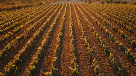 Aerial view of a sprawling vineyard during harvest, no people, copy spaceの素材