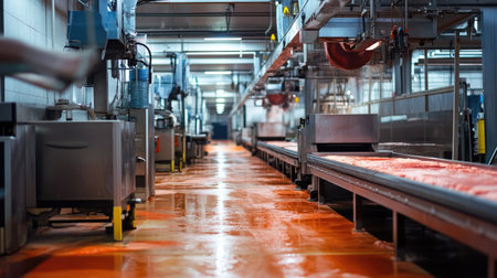 Industrial machinery in a meat processing plant with ample copy space.の素材