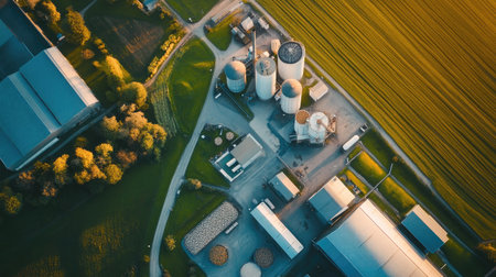 Aerial view of an agricultural processing facility with ample copy spaceの素材