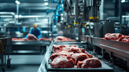 Industrial machinery in a meat processing plant with ample copy space.の素材