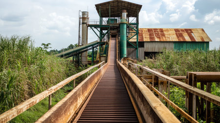A sugarcane processing facility with conveyor belts, no people, copy spaceの素材