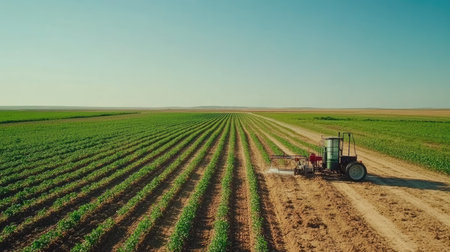 Automated irrigation system in a large crop field, no people, with copy space.の素材