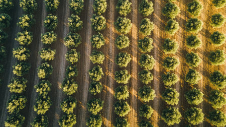 Aerial view of an olive farm with rows of trees, no people, and copy space availableの素材