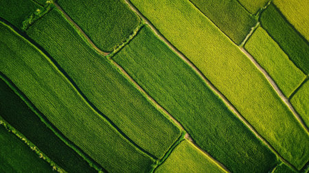Aerial view of rice paddies during harvest season, no people, and room for copyの素材
