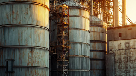 Close-up of grain silos at a processing plant with ample copy space and no peopleの素材