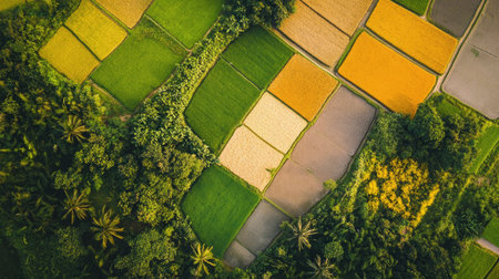 Aerial view of rice paddies during harvest season, no people, and room for copyの素材