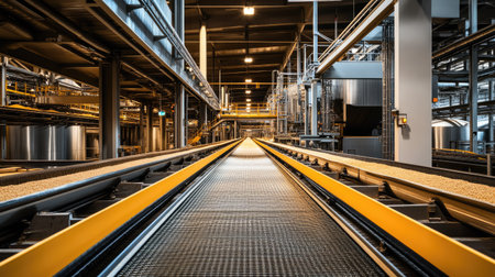 Inside a grain processing facility with conveyor systems, no peopleの素材