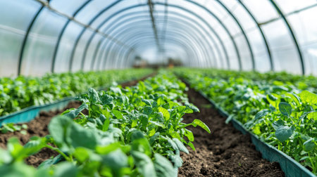 Greenhouse filled with growing crops and irrigation systems, ample copy spaceの素材