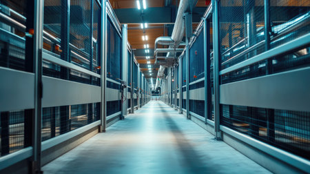 Inside a modern dairy farm with automated feeding systems, no people, copy spaceの素材