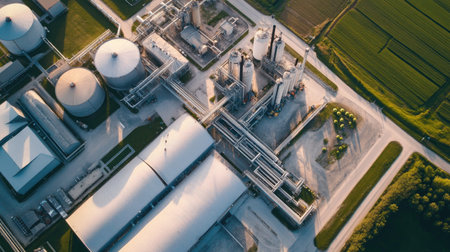 Aerial view of a vegetable processing plant, no people, and ample copy spaceの素材