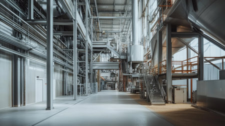 Inside a grain processing facility with massive machines, no people, copy spaceの素材
