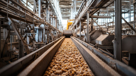 Industrial processing of sugar beets in a large plant, no people, copy spaceの素材