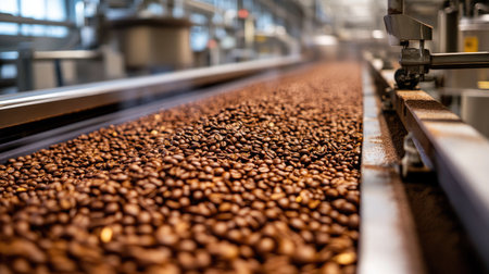 Close-up of coffee beans being processed in a large facility, no people, copy spaceの素材