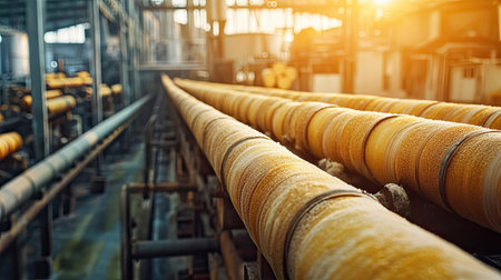 Industrial processing of sugarcane in a modern facility, no people, copy spaceの素材