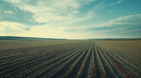 Automated irrigation system in a large crop field, no people, with copy space.の素材