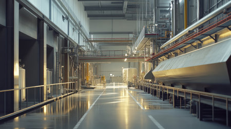 Inside a modern feed processing plant, large machinery, no people, copy spaceの素材