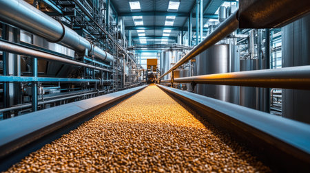 Grain being processed in a large industrial facility with space for textの素材