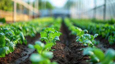 Greenhouse filled with growing crops and irrigation systems, ample copy spaceの素材