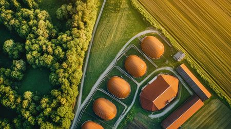 Aerial view of a poultry farm with modern feeding systems, no people, copy spaceの素材