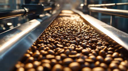 Automated processing of coffee beans in a factory, no people, and copy spaceの素材