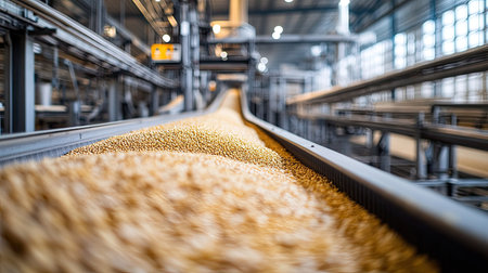 Inside a grain processing facility with conveyor systems, no peopleの素材