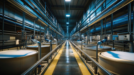 Automated feeding systems in a large dairy farm, no people, and ample space for textの素材