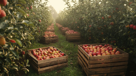 An apple orchard with crates ready for packing, no people, and copy spaceの素材