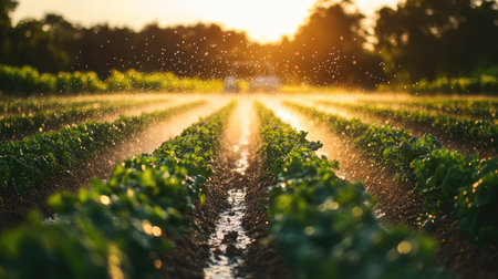 An irrigation system watering rows of crops in a farm, no people, and copy spaceの素材