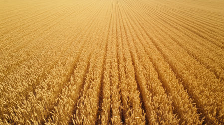 Aerial view of a large wheat field during harvest, no people, and space for textの素材