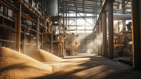 Inside a grain processing facility with massive machines, no people, copy spaceの素材