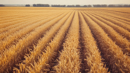 Aerial view of a large wheat field during harvest, no people, and space for textの素材