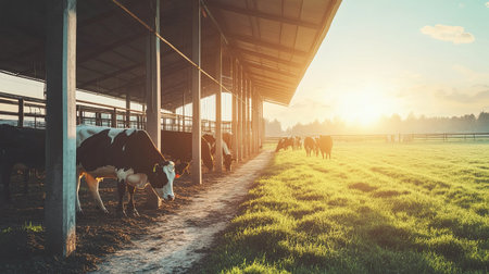 Cattle farm with modern feeding and watering systems, no people, copy spaceの素材